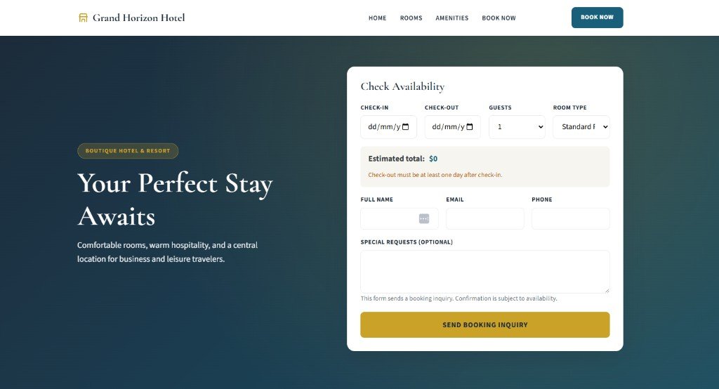 PixelCraft Hotel theme homepage preview — Grand Horizon Hotel demo